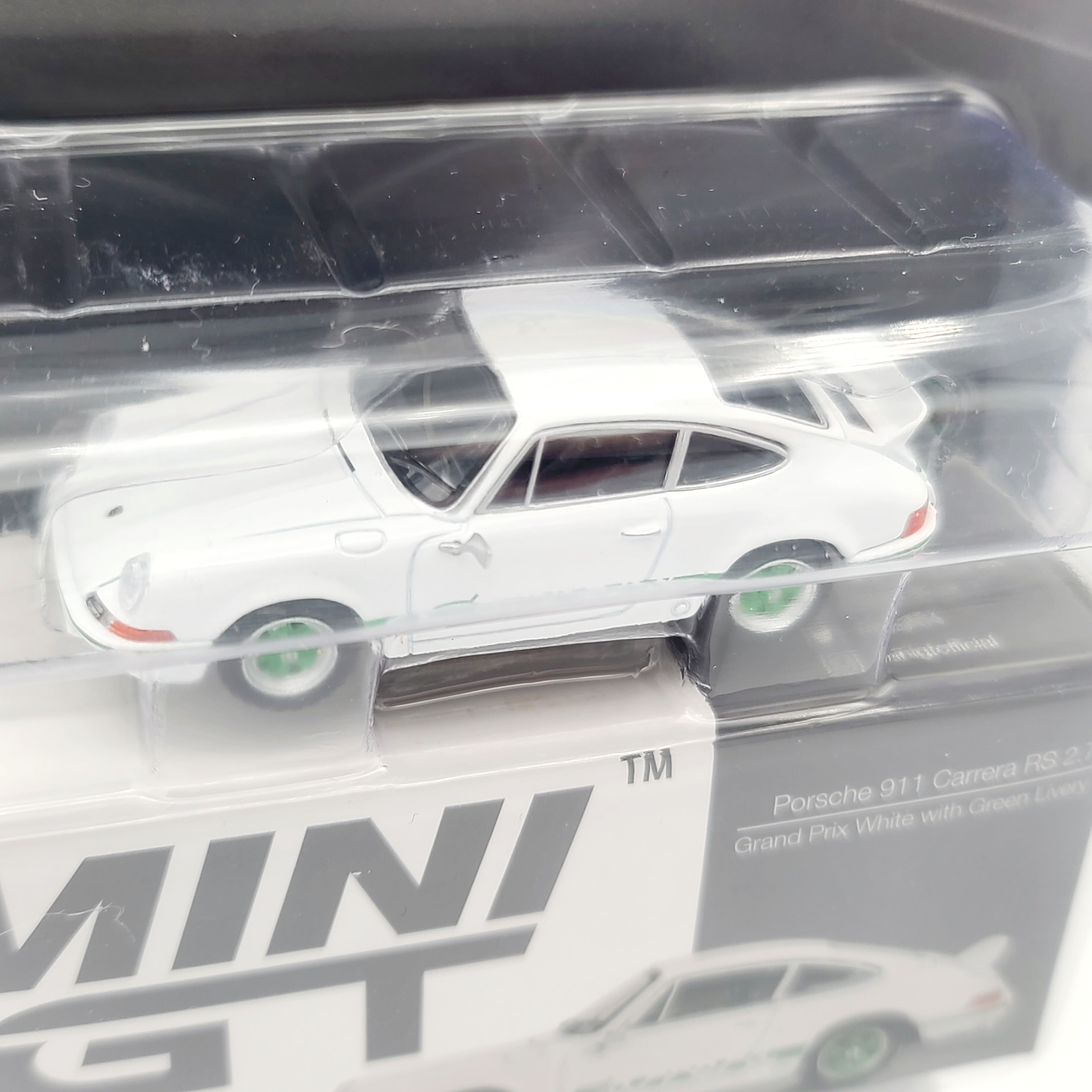 Mini GT Porsche 911 Carrera RS 2.7 - 1:64 scale, Grand Prix White w/ Green Livery (2024 MIJO Exclusives - Limited Edition)